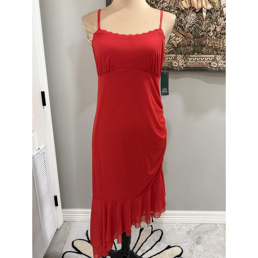 Wild Fable Dress Womens M Red Mesh‎ Ruched Asymmetrical Ruffle Slip Bodycon Midi